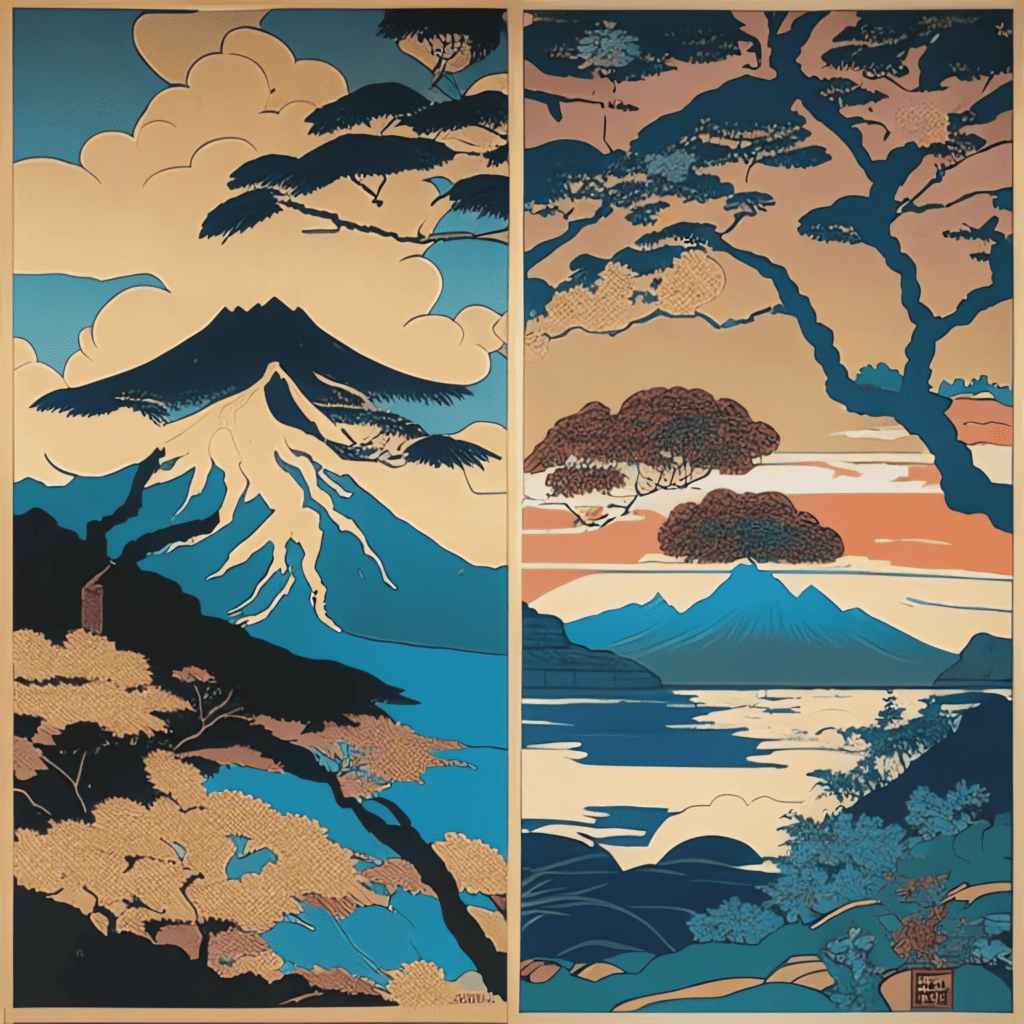 A Japanese Ukiyo-e woodblock print and a European Impressionist painting side by side